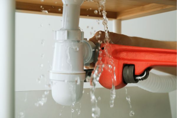 Local plumbers fix a leaking pipe close-up image