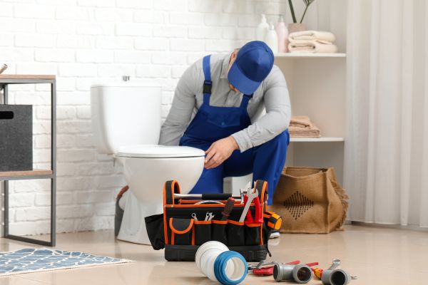 An emergency plumber works on a toilet