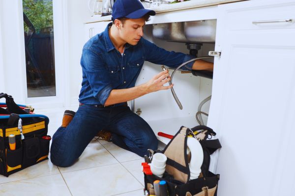 An emergency plumber works on piping