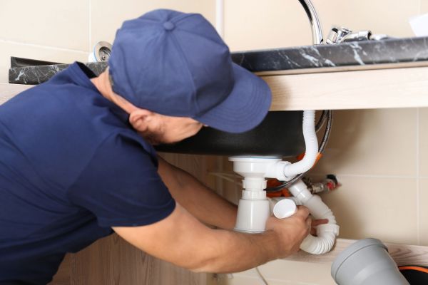 Emergency plumbing being done beneath a bathroom sink