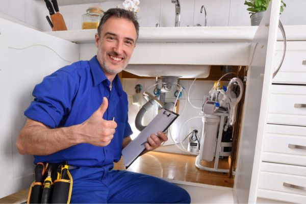 A plumber is conducting plumbing inspections under a sink and giving the thumbs up sign. 